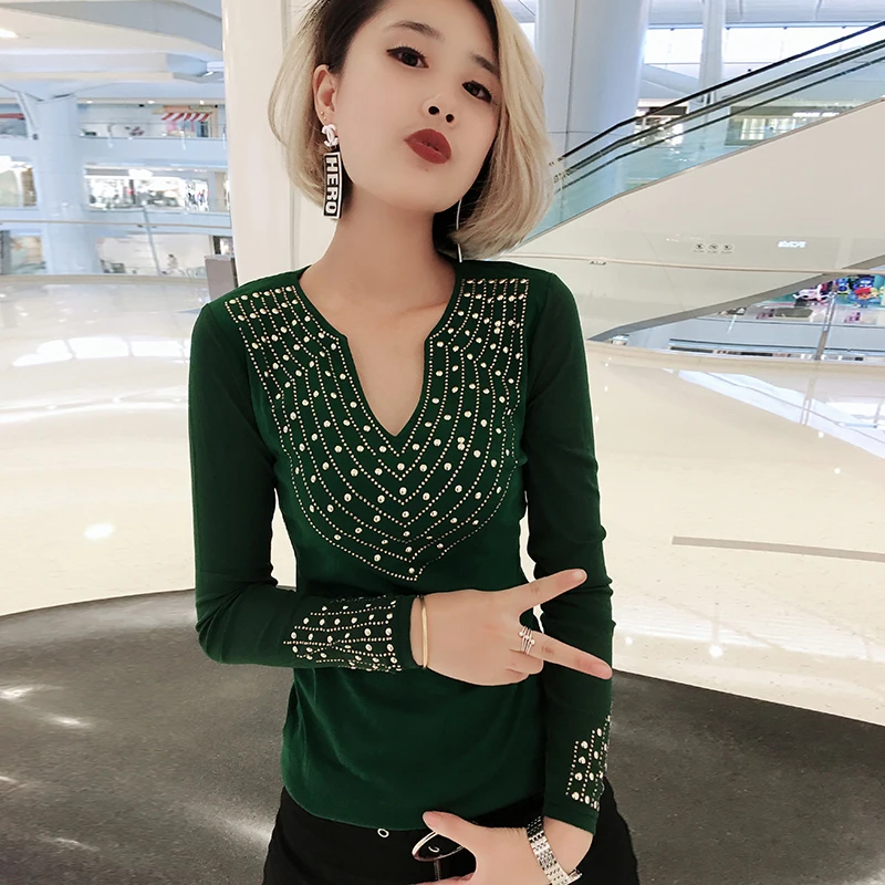 T-shirt female Rhinestone 2019 autumn tops women's diamond tshirts woman t shirt Vetement Femme Punk Rock Clothes poleras mujer |