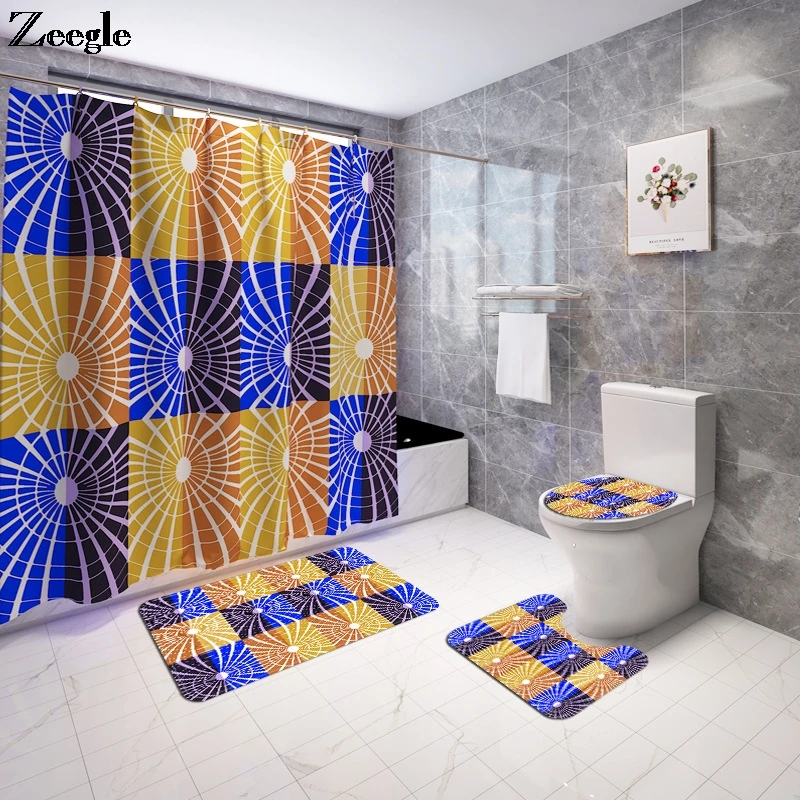 

Home Decor Printed Bath Mat and Shower Curtain Set Abstract Geometry Washable Bath Mat Memory Foam Toilet Mat U-Shaped Rug
