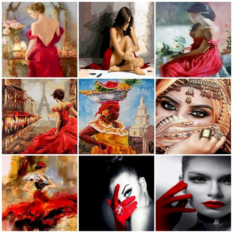 

Red Skirt Diy Oil Painting By Numbers Woman For Drawing On Canvas With Coloring By Number Paint Landscpae Home Decoration Art