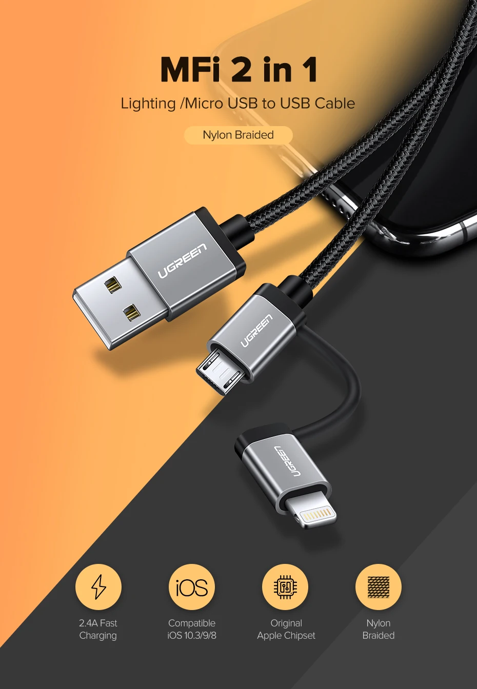 Ugreen 2 в 1 USB кабель для iPhone Pro 11 Max X 8 7 Быстрая зарядка Lightning+ Micro USB кабель для samsung Xiaomi huawei USB шнур