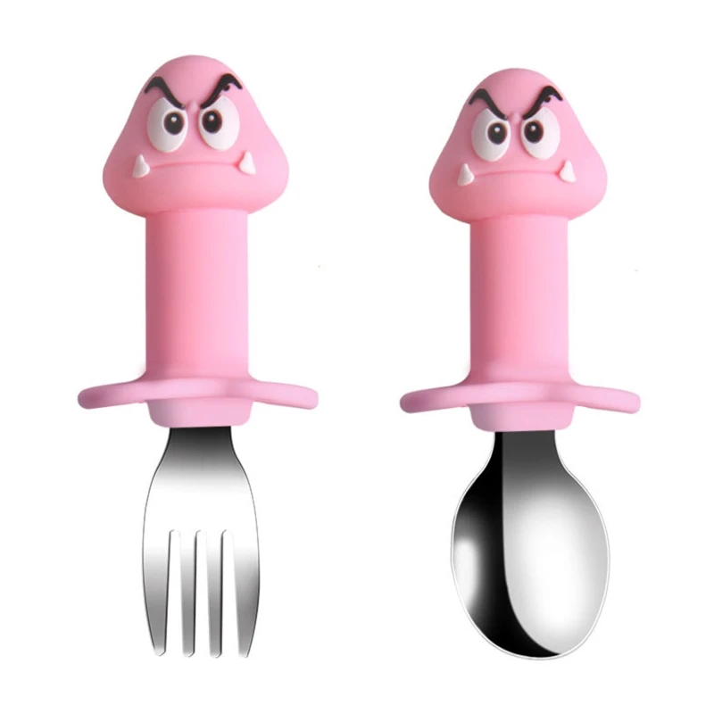 

2Pcs/Set Detachable Baby Stainless Steel Spoon Fork Set Cartoon Silicone Teether