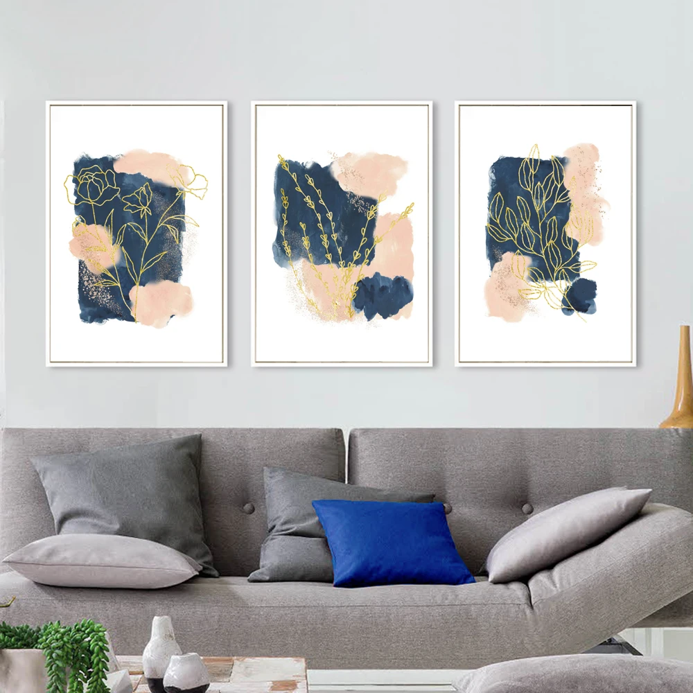 

Blue Pink abstract Poster Golden botanical Canvas Painting line Art Print Norbic Minimalist Wall Picture For Bedroom Home Decor