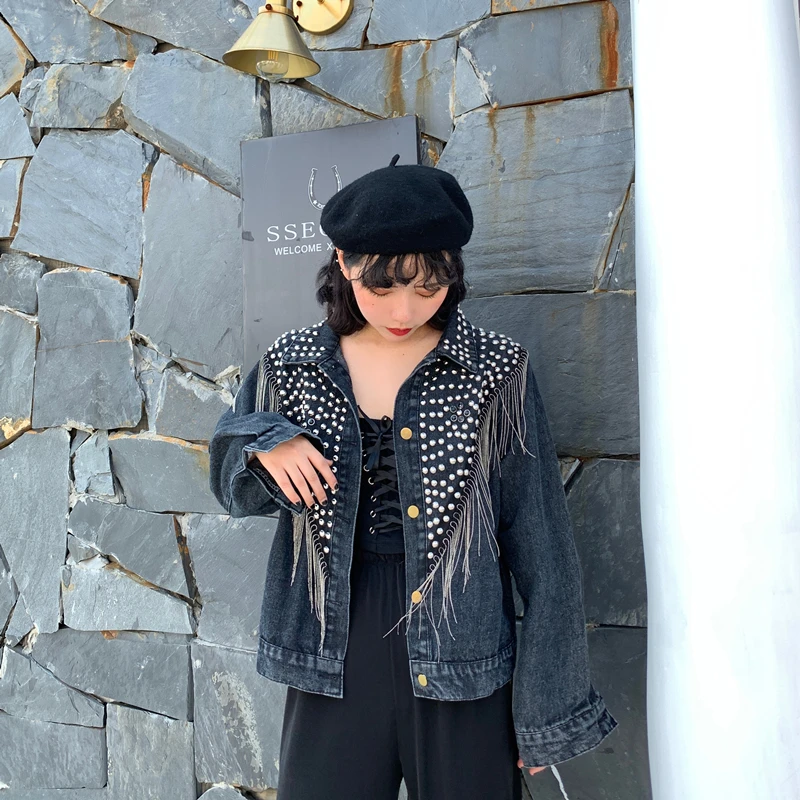 New Women Autumn Hand-studded Rivet Tassel Chain Short Jeans Coat Woman's Loose Jacket Coat Fashion Streetwear Denim Jacket