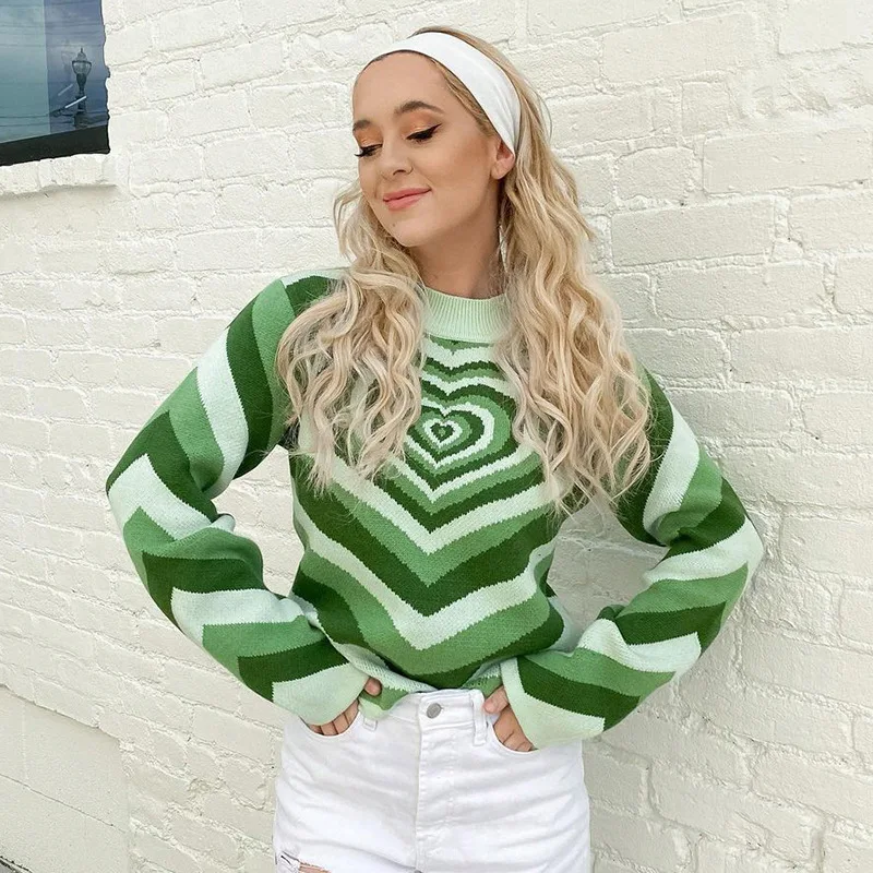 

Y2K Aesthetics Sweater Women Fashion Heart Striped Turtleneck Pullovers Tops E-girl Sweet Long Sleeve Knitted 90s Female Sweater