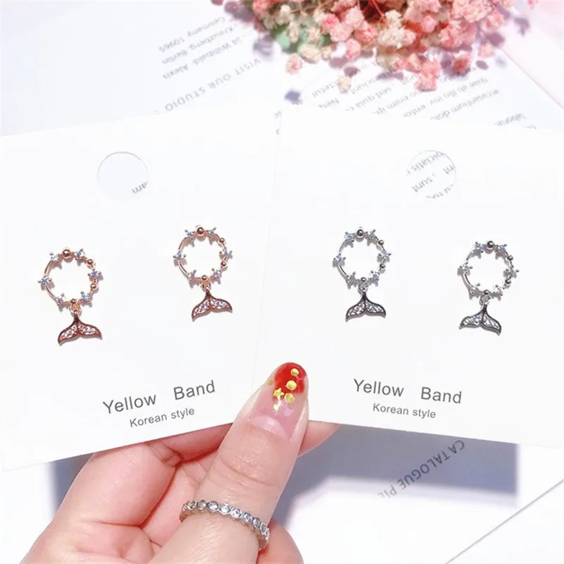 

Girls Stylish Rose Gold 925 Silver Zircon Setting Niche Earrings Women Fashion Luxury Jewelry Mermaid Tail Charm Cute Earrings
