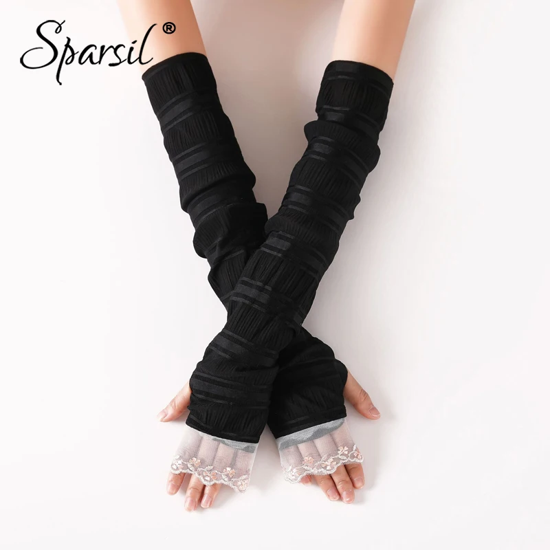 Sparsil Ladies Summer Lace Solid Long Gloves Thin Breathable Sunscreen Driving Sleeve Mittens Elegant Fingerless Female Gloves