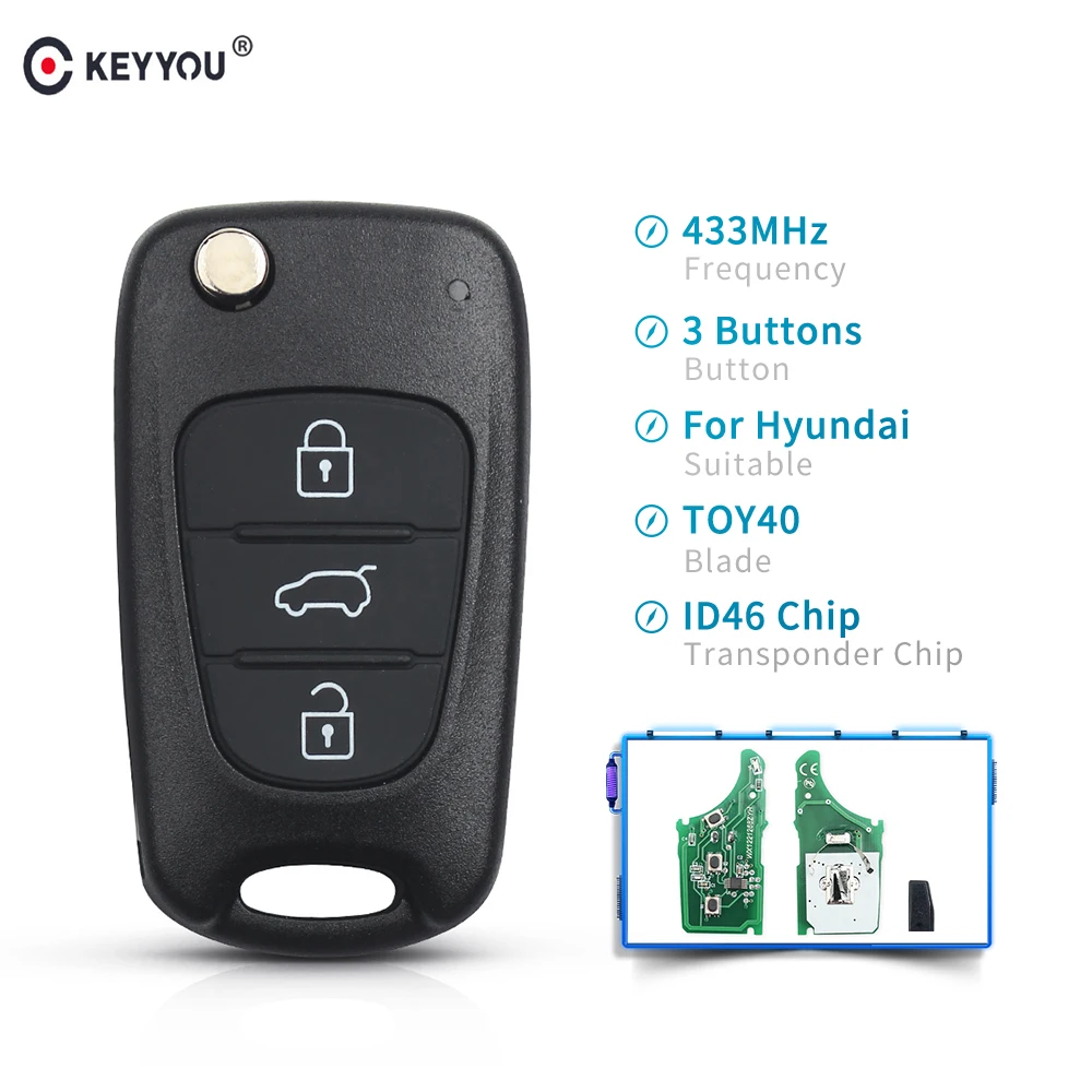 Складной дистанционный ключ KEYYOU с 3 кнопками брелок для Hyundai I30 IX35 433 МГц чип ID46 TOY40