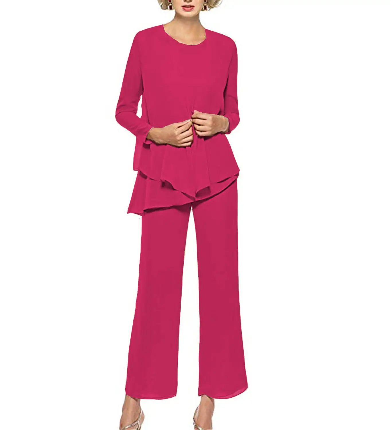 Женский костюм для матери невесты шифоновое платье с оборками цвета шампанского