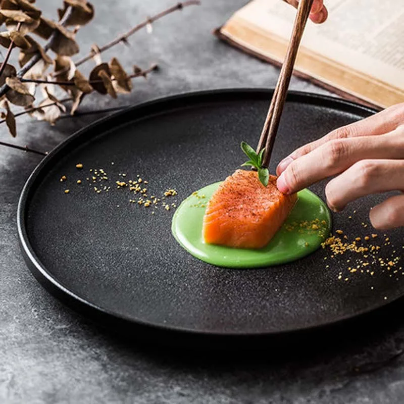 

Restaurant main meal set plate drawing plate back kitchen frosted retro western plate Japanese black steak plate