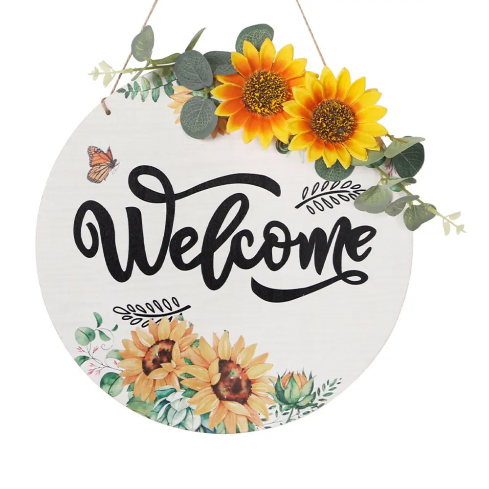 

Front Door Hanging Fake Sunflowers Listed Welcome Decoration Doorplate Daily Holiday Party Supply 30cm Wood Sign