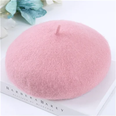 Pink Женские Зимние береты, шапка в стиле художника, женские шерстяные винтажные береты, однотонные кепки, женская шапка, теплая прогулочная шапка - Цвет: Pink