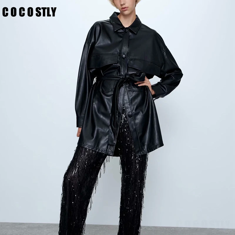 

New leather jacket women black brown PU jackets bow tie sashes pockets long sleeve solid coats female outwear casual veste femme