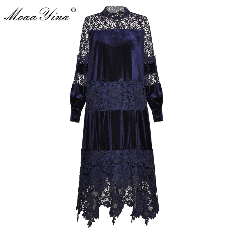 MoaaYina модное дизайнерское платье весна-осень женское стоячий воротник длинный