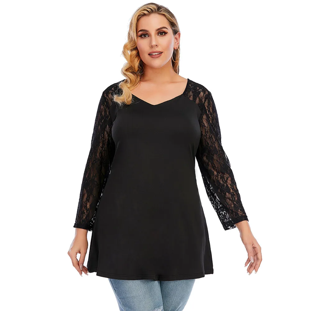 2021 женские футболки размера плюс 4XL 5XL Femme V образным вырезом Кружева повседневные