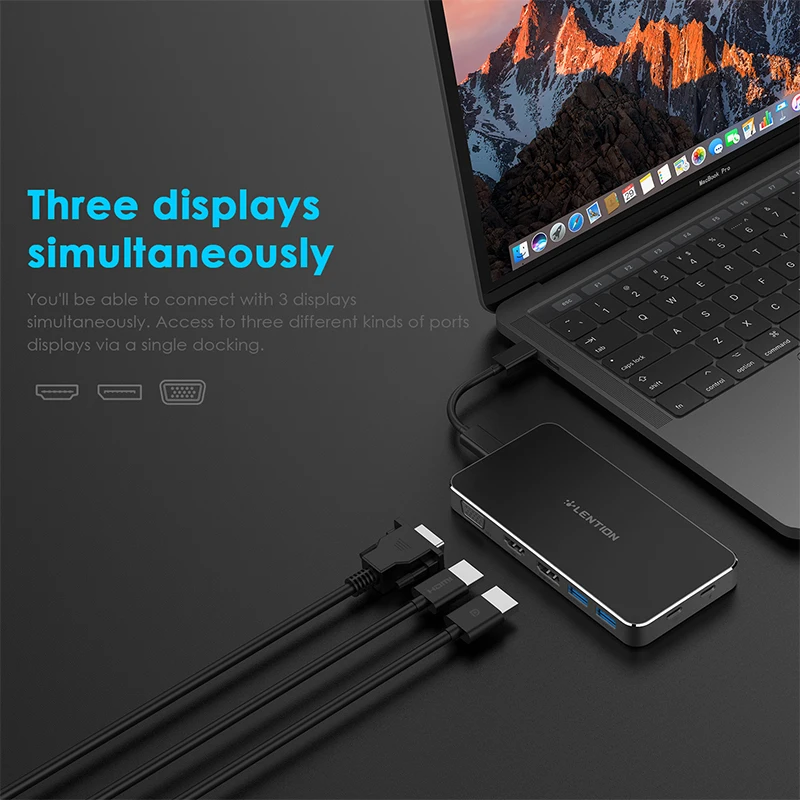 Lention USB-C портативная док-станция 1080P с 2 USB 3,0, HDMI+ DisplayPort+ VGA выход, type C данных+ адаптер для зарядки