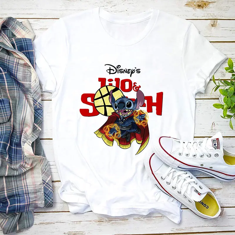 

Disney Harajuku Kawaii Cute Lilo & Stitch Print Women T Shirt Crew Neck Short Sleeve T-shirts New Casual Loose White Tops & Tees