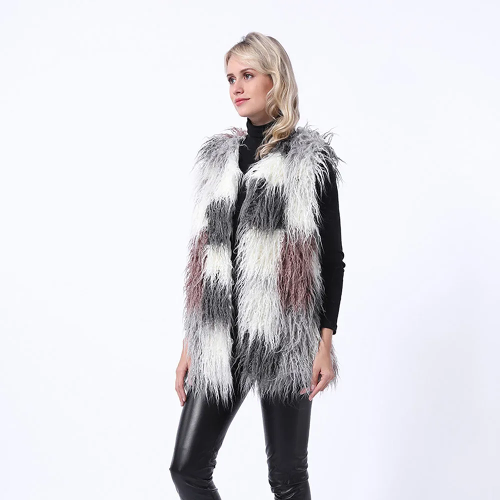 Faux Fox Fur Vest Women's Jacket Mid Length Stitching Vest Fluffy Coat Sleeveless Fourrure Femme 2021 Real Photo Quality Teddy