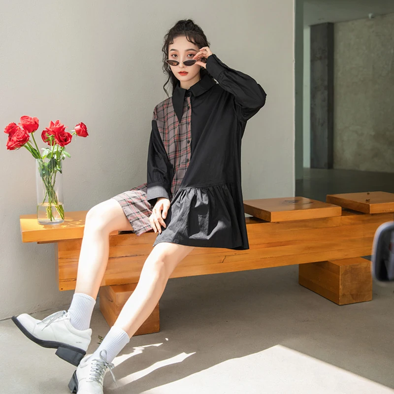 

Fashion Blouse Women Plus Size Patchwork Plaid Oversized Long Sleeve Tops Ruffle Vintage Streetwear Female Shirt Blusas Mujer