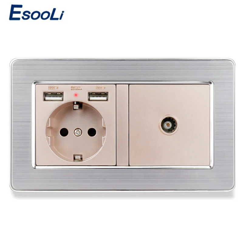 Esooli гнездо питания стандарта ЕС заземленная с женским ТВ разъемом 2100mA двойной USB