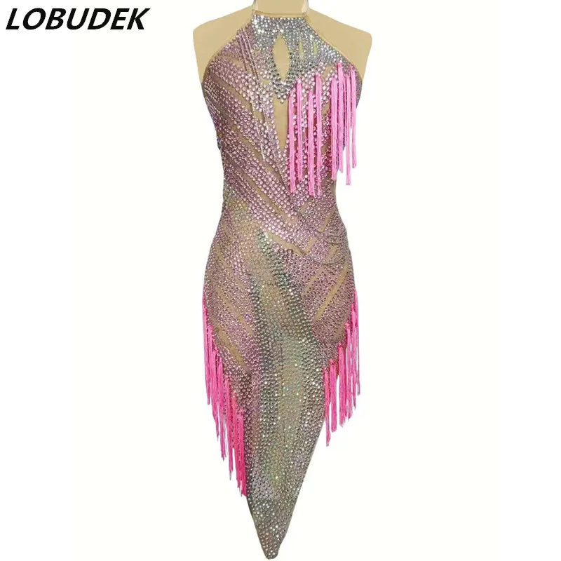 

Female Latin Dance Competition Costume Pink Silver Yellow Rhinestones Tassel Backless Split Dress Rumba Modern Performance Wear