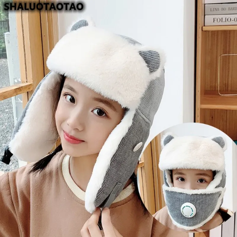 

Fashion New Plus Fleece Bomber Cap Child Winter Keep Warm Girl Cute Cartoon Boy Windproof Ear Protection Face Mask Gorra 2021