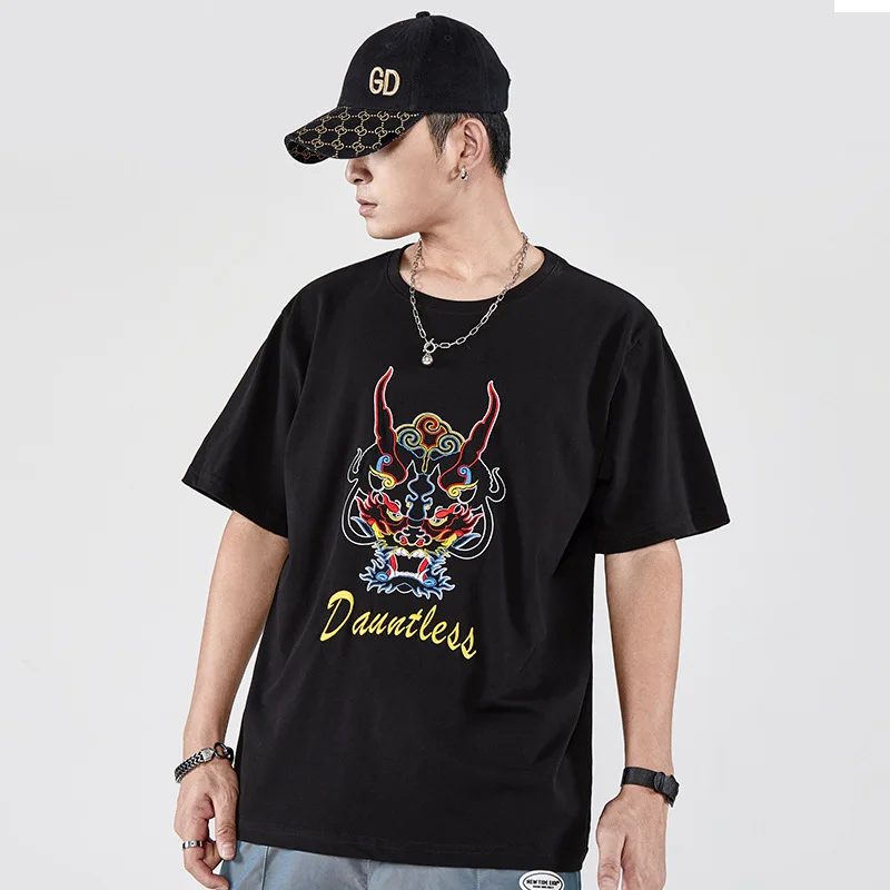 

New summer men's cotton tide brand trend ins short sleeve t-shirt men's clothes loose guochaolong embroidery T-shirt