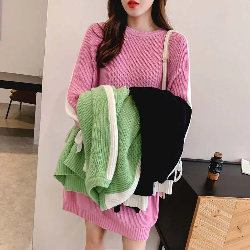 Женский свободный пуловер средней длины Повседневный свитер с длинным рукавом и