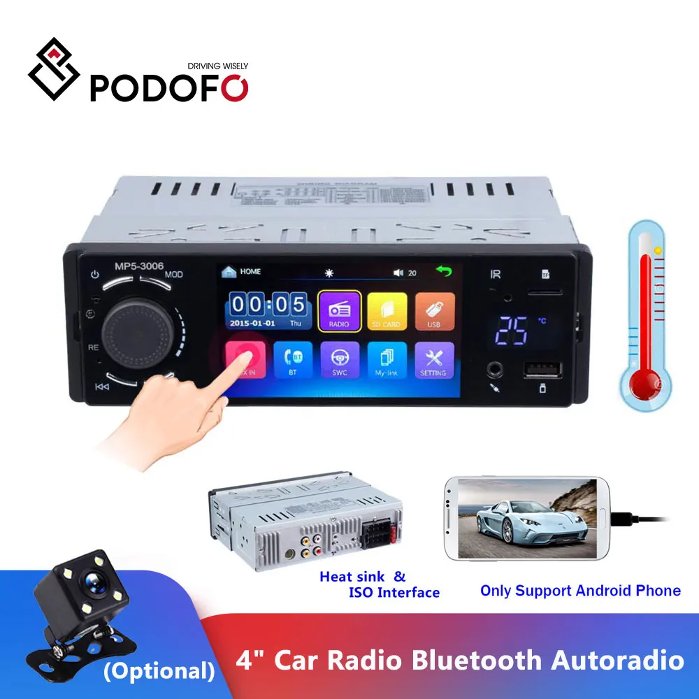 Podofo " Автомагнитола Bluetooth Авторадио 1 Din сенсорный экран стерео аудио видео MP5 USB TF дисплей температуры Handsfree In-dash