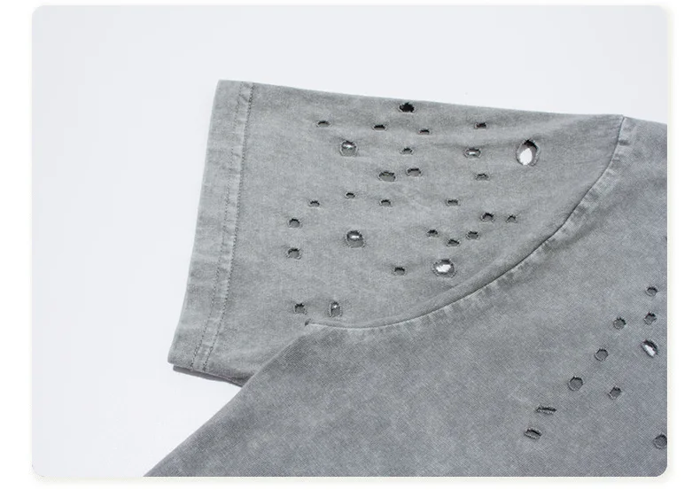 

Man T-shirts Summer Irregular Hole Distressed Washed Short Sleeve T-shirt Streetwear Hip Hop Loose Tops Tees Shirts