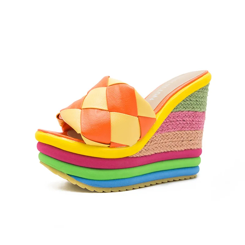

On A Wedge Big Size Slippers Women Summer Slides Platform Multicolored Sandals Female Shoes Heeled Mules 2021 High Mixed Colors