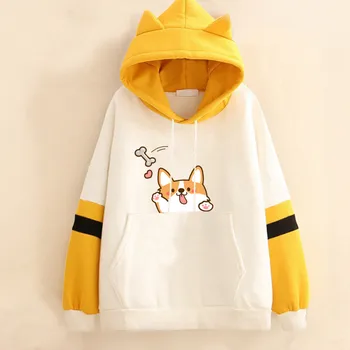 Kawaii Hoodies Shiba Inu Sweatshirt Women Japanese Akita Cute Dog Ear Cap Embroidery Hoodies Tops Harajuku Pullovers Clothes 1