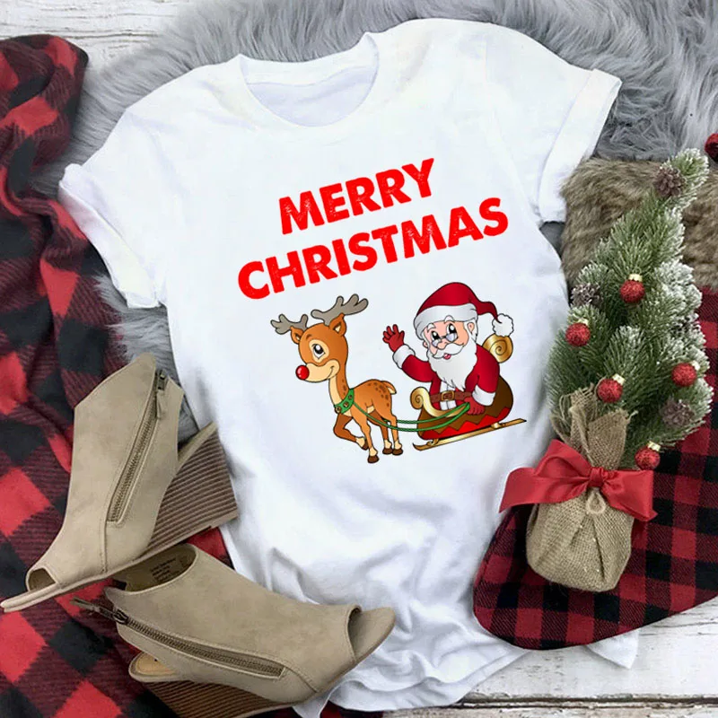 

Women Fashion Christmas T Shirt Harajuku Short Sleeve T-shirt Female Kawaii Tee Tops Lovely Reindeer Santa Claus T Shirt