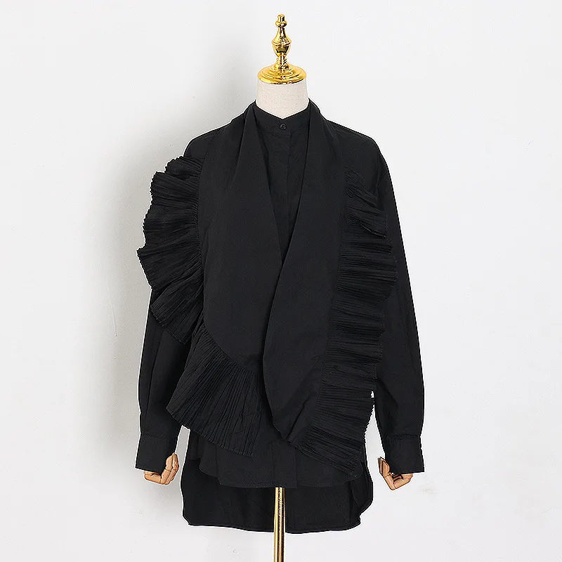 

New stylish accent organ pleated edge design loose long sleeve white shirt women's fashion