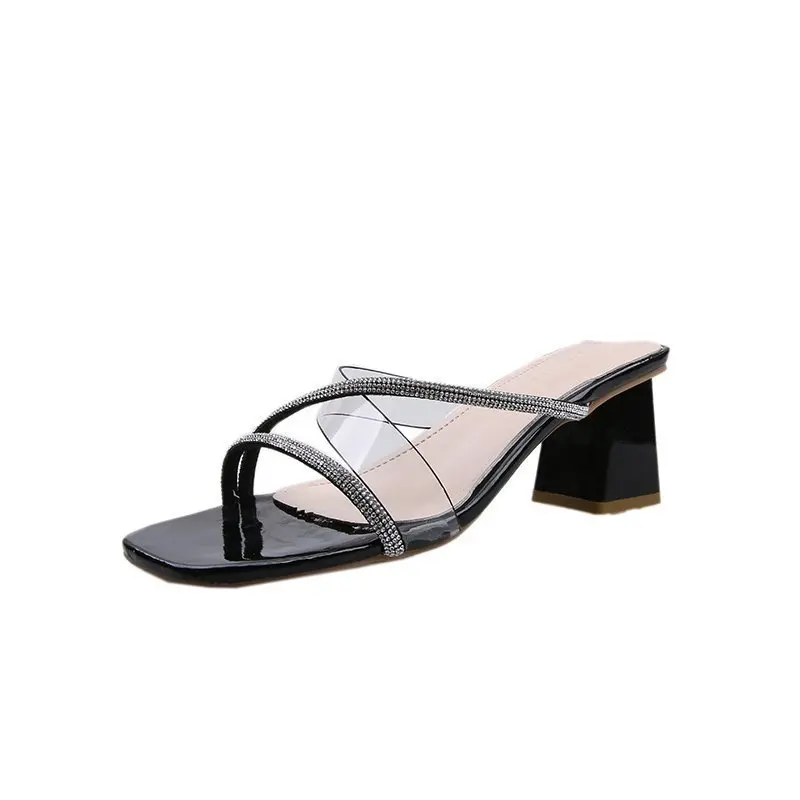 

Summer New Women's Thick-heeled Slippers Korean Version of Simple Fashionable Transparent Square Head Half Slippers