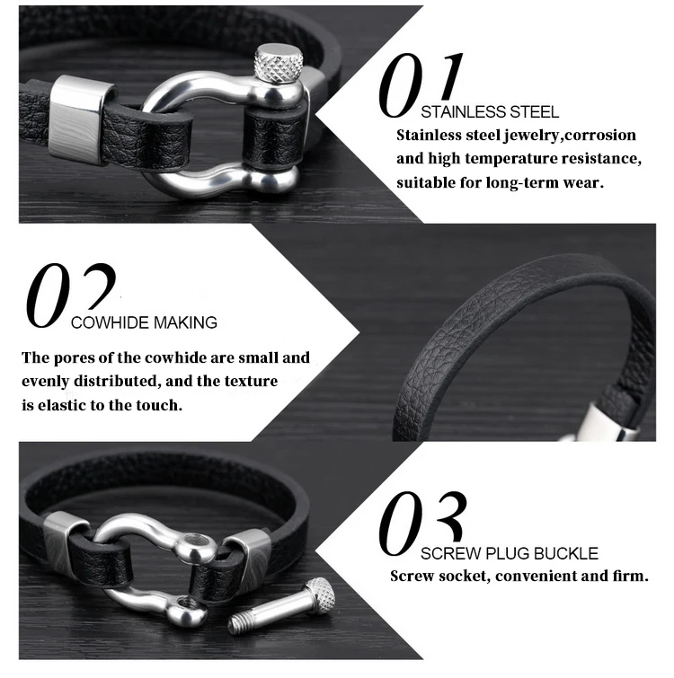 

Stainless Steel Men Leather Bracelet Screw buckle stainless steel jewelry charm bracelet For Boys Male Gift