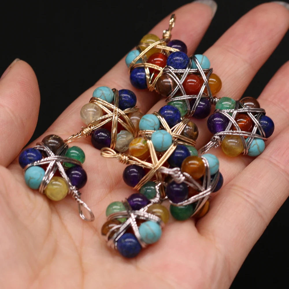 

2021Natural Semi-precious Stones Hexagonal Flower-shaped Gold Line Mixed Color Pendant Making DIY Necklace Jewelry Color Random