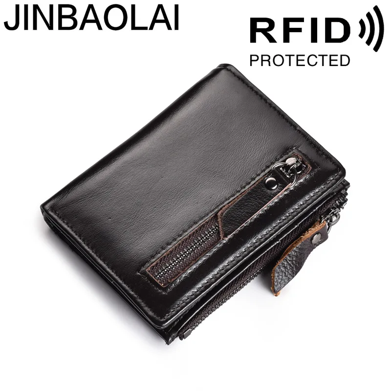 

Jinbaolai AliExpress Men's Vintage Wallet Zipper Anti-Magnetic Full-Grain Leather Oil Wax Leather Purse Genuine Leather