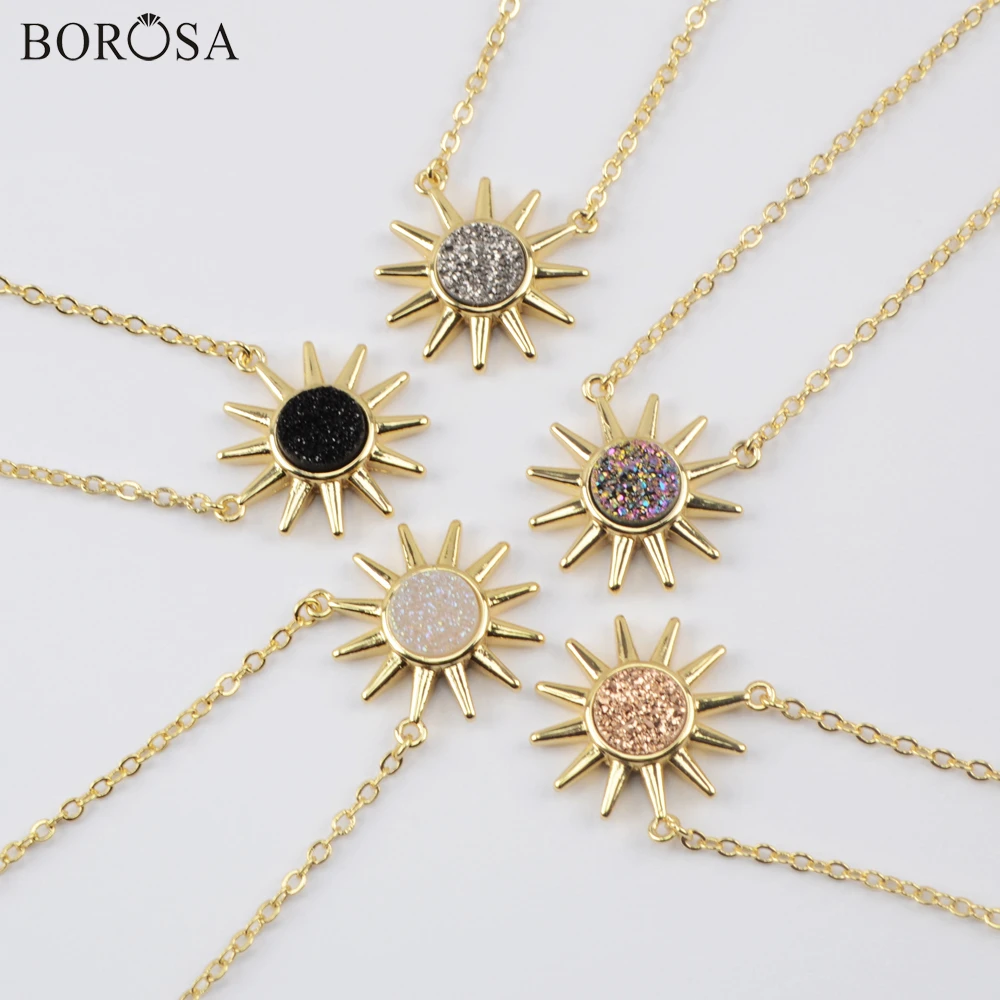 

BOROSA 16" Gold Round Rainbow Druzy Pendant Necklace Natural Agates Druzy Sun Shape Neckalce Women Statement Necklace ZG0440
