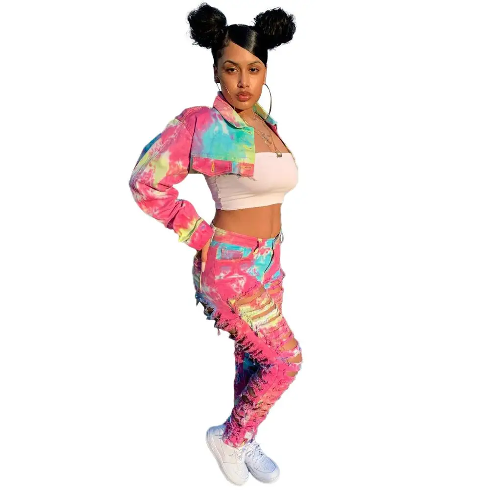 

Hot Style Women Coat Lapel Neck Long Sleeve Single Breasted Tie-Dye Printing Crop Tops Hollow Out Jackets Suitable Streetwear