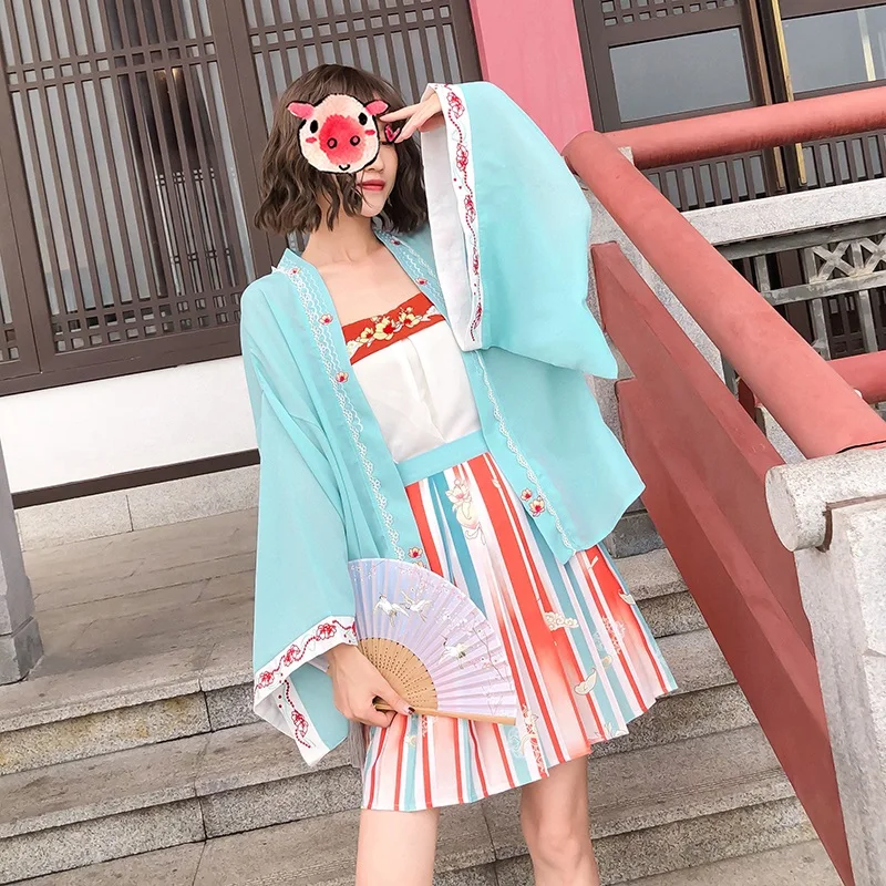 

Комплект из трех предметов Hanfu для девочек, традиционное фольклорное кимоно в улучшенном китайском стиле, летний костюм с короткой юбкой, ки...