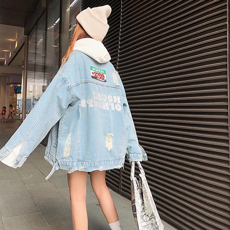 

New Autumn Women Denim Coats 2021 Korea-style Letter Embroidery Hole Long-sleevd Outwear All-match Casual Students Jean Jacket