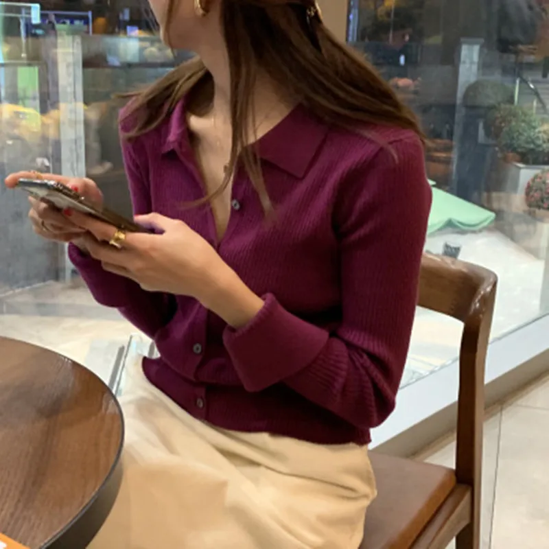 Корейский стиль поло воротник-однобортный вязаный кардиган для женщин 2020