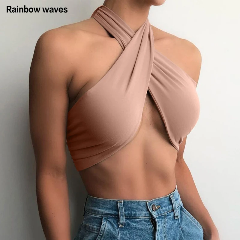

Rainbowwaves Women Strappy Halter Fashion Crop Tops Sexy Female Sleeveless Backless Tank Top Short Streetwear Cropped Black