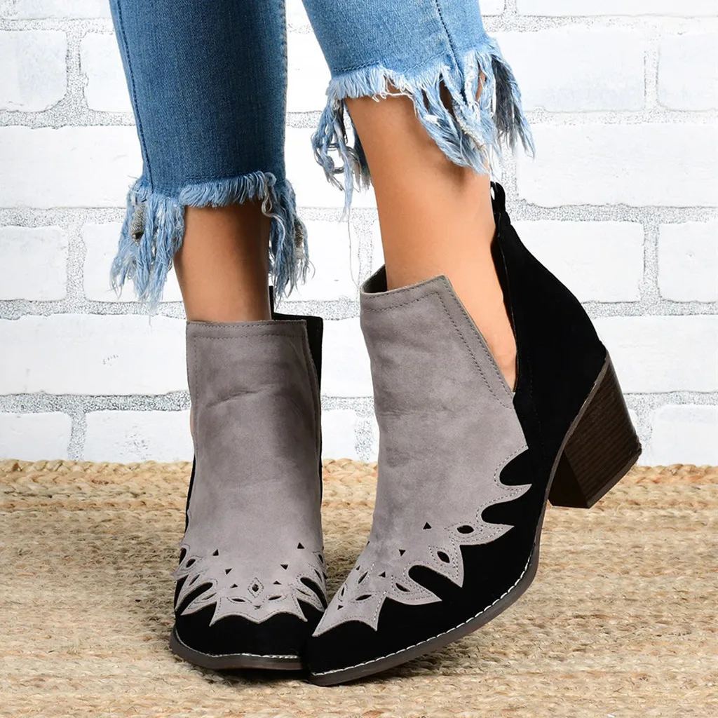 Retro Women Ankle Boots Platform 2019 Winter Fashion Mixed Color Round Toe Slip-on Square Heels Vintage Boots#g4 | Обувь