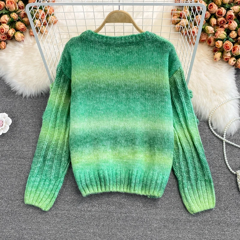 Autumn Winter Korean Style Chic Sweet O-Neck Sweater Fashion Gradient 3D Flowers Knitted Tops Loose Long Sleeve Pullover | Женская