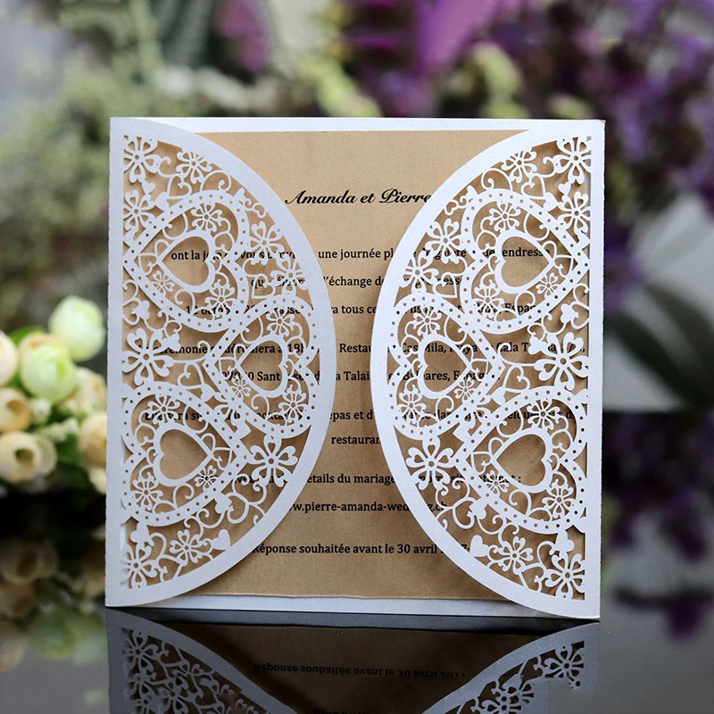 

25Pcs Fashion Love Heart Wedding Invitations With Pearl Paper Laser Cut Invitation Greeting Cards Baby Shower Thank You Cards