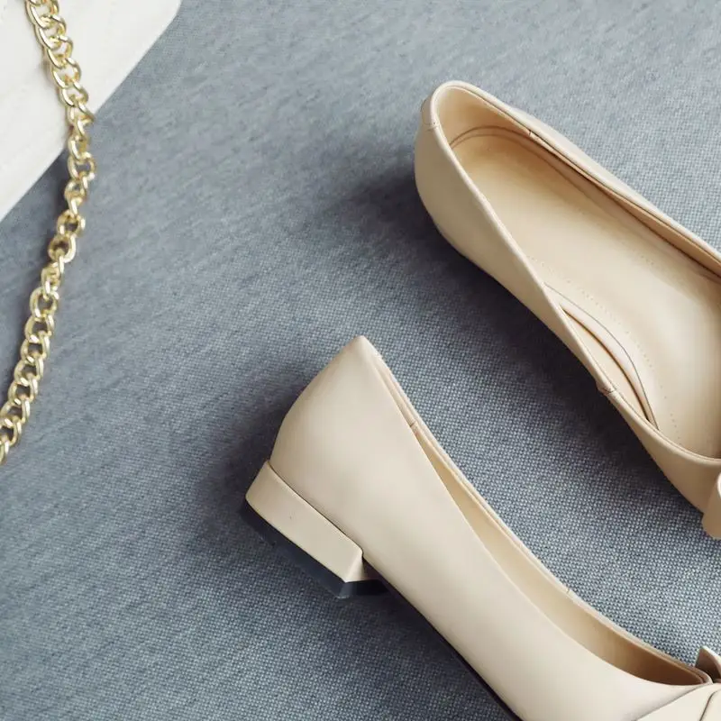 

ALLBITEFO genuine leather bowtie low-heeled comfortable office ladies shoes sweet bowtie women heel shoes spring women heels