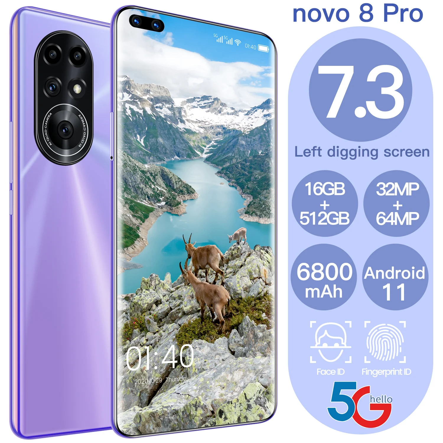 

Smartphone Novo8 Pro 7.3" 16GB RAM 512GB ROM 6800mAh Andriod11.0 32MP+64MP Deca Core MTK6889 Dual SIM 5G Mobile Cell Phones