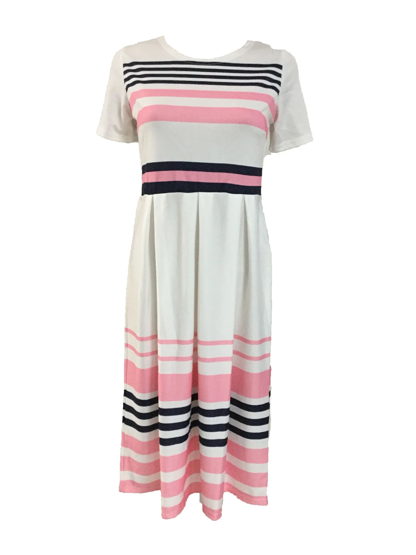 

Hot Selling Women Color Striped Printing Two Piece Sets Plus Size O-neck Pleated Dress + Single-Breasted Short Coats Outfits