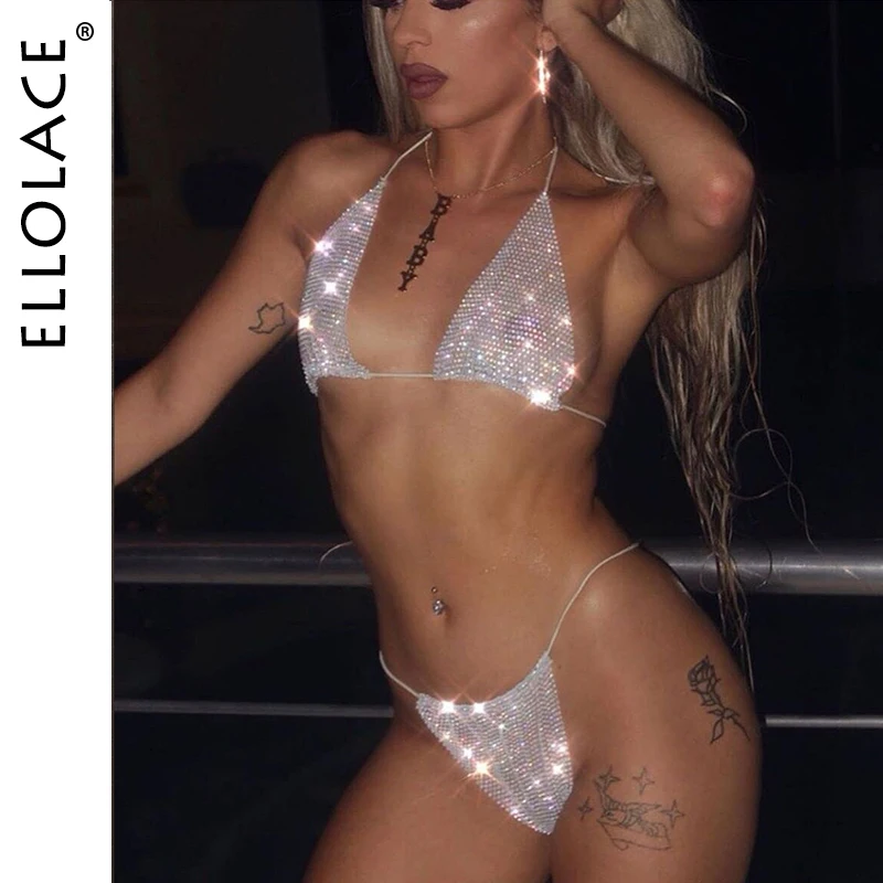 Ellolace блестящие сексуальные комплекты нижнего белья бюстгальтер с лямкой на шее и